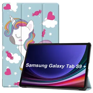 适用于三星Galaxy Tab S9 Plus 12.4英寸平板电脑保护套，带三折卡通彩绘皮革外壳