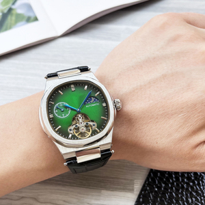 Men Luxury Automatic Mechanical <b>Watch</b> Green Dial Gold <b>Case</b> Leather Strap Moon Phase Skeleton <b>Watch</b> - Product Image 6