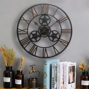 Roman Numeral Gear Decorative Wall Clock Non Ticking Indoor Silent Battery Operated Metal Clock