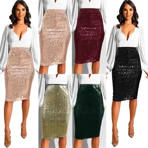 2022 Zomer Sequin Lange Rokken Squid Rok Vrouwen Straight Knielengte Glitter Potlood Elegante Rok Voor Dames