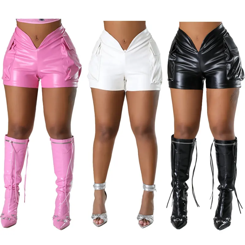 202416 PU cuero Super Cargo Shorts Y2K mujeres Skinny C-cut elástico pantalones de cintura baja con bolsillos Ptach