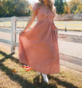 Women's <strong>Red</strong> White <strong>Gingham</strong> v Neck Puff Sleeve High Waist Maxi Dress for Vocation or Daily Wear - Product Image 1