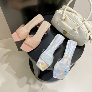 Sandales à talons hauts transparents nude à bout carré ouvert et talon épais pour femme – Collection été, best-seller - Product Image 4