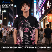 T-shirt en jersey à manches courtes et col en V personnalisé, imprimé graphique Dragon Noir et Fleur de Cerisier, 240 GSM, pour homme, style streetwear urbain