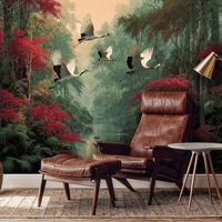 Papier peint mural Forêt Mystique personnalisable avec grue en vol et arbres d'érable rouge, décoration murale botanique sombre pour intérieur de maison de luxe