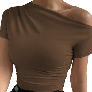 Camiseta Asimétrica de Manga Corta con Pliegues, Nueva Colección Primavera-Verano para Mujer, de Alta Calidad, Personalizable al por Mayor (OEM) - Product Image 4