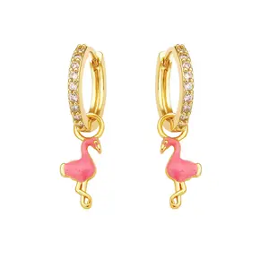 Foxi wholesale cute earrings cz hoops pink enamel flamingo charm drop hoop earrings
