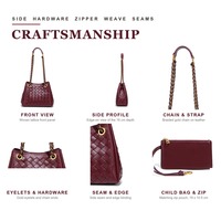 Sac seau en cuir PU tissé à la main rouge vin avec bandoulière chaîne dorée, ensemble deux pièces pour femme, logo personnalisé, OEM ODM, usine BSCI