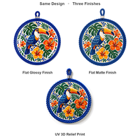Sous-plat en céramique rond de 17 cm, motif toucan tropical, impression UV émaillée, base en liège, pour la décoration de table de cuisine, cadeau