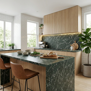 Encimera de Cuarzo de Ingeniería con Vetas Blancas y Verde Esmeralda Personalizada para Recepción de Hotel Moderno, Encimera de Cocina - Product Image 4