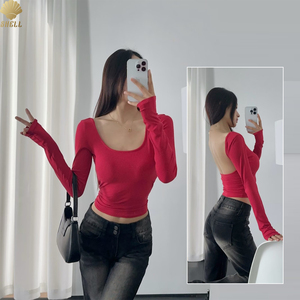 CNSHELL 95% Rayon <strong>Square</strong> <strong>Neck</strong> Slim Fit Micro Rib With Chest Padding Cropped <strong>Long</strong> <strong>Sleeve</strong> <strong>Top</strong> for Women T Shirt - Product Image 1