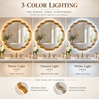 Miroir mural LED vintage à bords festonnés avec rétroéclairage 3 couleurs, cadre décoratif doré ou argenté pour salle de bain et entrée