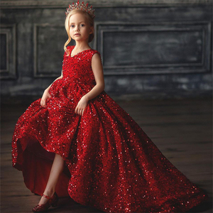 Super Quality Princess Red Christmas Ball Gown Girls Luxury Tail Glitter  Evening Party Dresses Kids Christmas Puffy Dresses