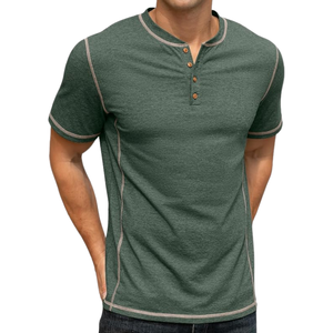 Camiseta de Manga Corta Informal de Algodón 100% Tejido, Estilo Henley con Costuras en Contraste, Cuello Redondo, Logotipo Personalizado, Proveedor Chino - Product Image 1
