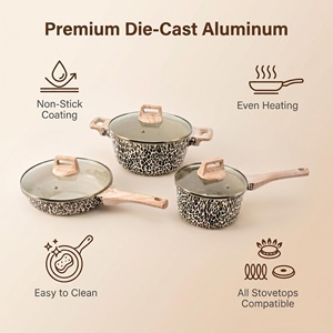 Ensemble de casseroles en aluminium moulé sous pression à imprimé léopard OEM, revêtement céramique antiadhésif, couvercle en verre, poignée en bois, logo personnalisé, ensemble de 6 casseroles - Product Image 2