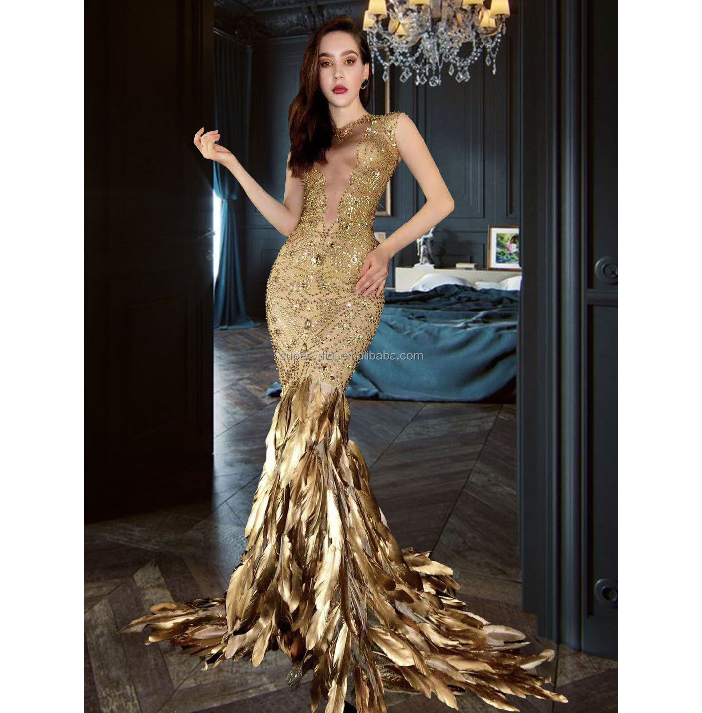 gold dress feathers Self-Portrait - Gold Metallic Feather Maxi Dress