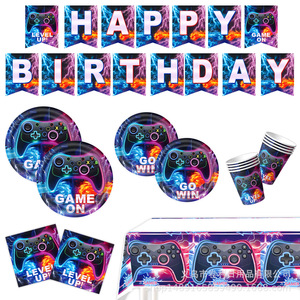 Articles de fête sur le thème du jeu : Vaisselle d'anniversaire, décorations, bannières, nappes – 40 à 60 pièces en papier avec impression numérique - Product Image 1