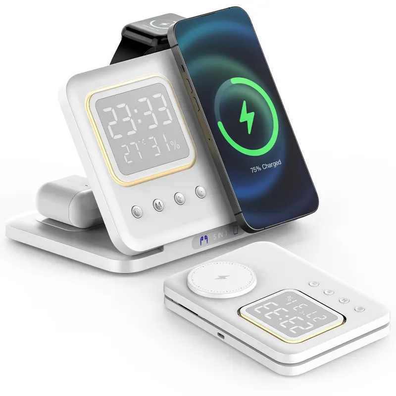 Multifunctional Wireless Charger Station Alarm Clock 5 In 1 Phone Holder Wireless Charger For Iphone Apple Watch Airpods 2 3