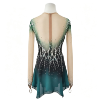 Robe de patinage artistique à manches longues, dégradé vert foncé, tissu en maille avec strass pour enfants et adultes, compétition sur glace