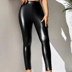 Factory Custom Cheap PU Leather Pants Custom Basic Brilhante Leggings Pretos para As Mulheres