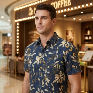Magnificent Cost Short Sleeve 100% Organic Cotton Print Camp Collar Sustainable Abstract <b>Repeat</b> Pattern Mens Tropical Shirts - Product Image 3