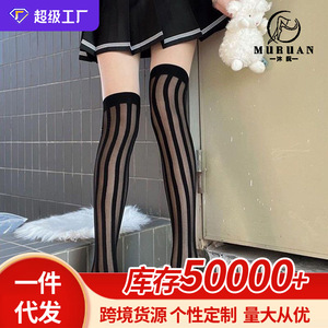 Mu Ruan Dark Striped Jacquard Elastic Thigh High Stockings 5D Ultra Thin Transparent Women's Japanese Street Style JK Uniform - Product Image 5