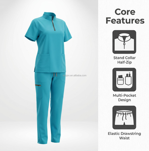 Ensemble de tenues médicales extensibles pour femmes - Uniforme d'infirmière moderne à col en V avec <span class=keywords><strong>pantalon</strong></span> de jogging, broderie de logo personnalisée, vêtements de travail pour clinique - Product Image 2