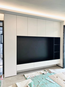 Mueble <span class=keywords><strong>de</strong></span> TV Moderno para Montar en la Pared con Estantes Abiertos en MDF Blanco para Sala <span class=keywords><strong>de</strong></span> Estar, Estilo Minimalista Personalizado - Product Image 1