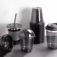 Gobelet à emporter rond en PET noir avec couvercle samouraï, personnalisable avec logo, origine Guangdong, pour café américain et thé au lait
