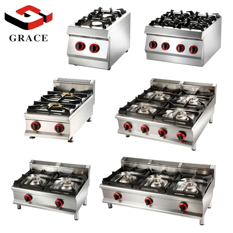 Grace Equipement de cuisine commerciale Cuisinière à gaz de table en acier inoxydable 2/3/4 brûleurs Gamme de cuisson