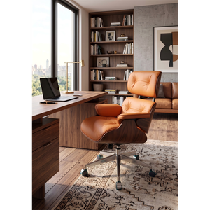 Chaise de bureau de direction en cuir de style moderne <span class=keywords><strong>du</strong></span> milieu <span class=keywords><strong>du</strong></span> siècle, chaise de bureau pivotante inclinable avec coque en bois courbé, coussins épais et roulettes - Product Image 3