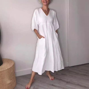 Falda larga de algodón y lino con bolsillo para mujer de color sólido informal europeo y americano - Product Image 6