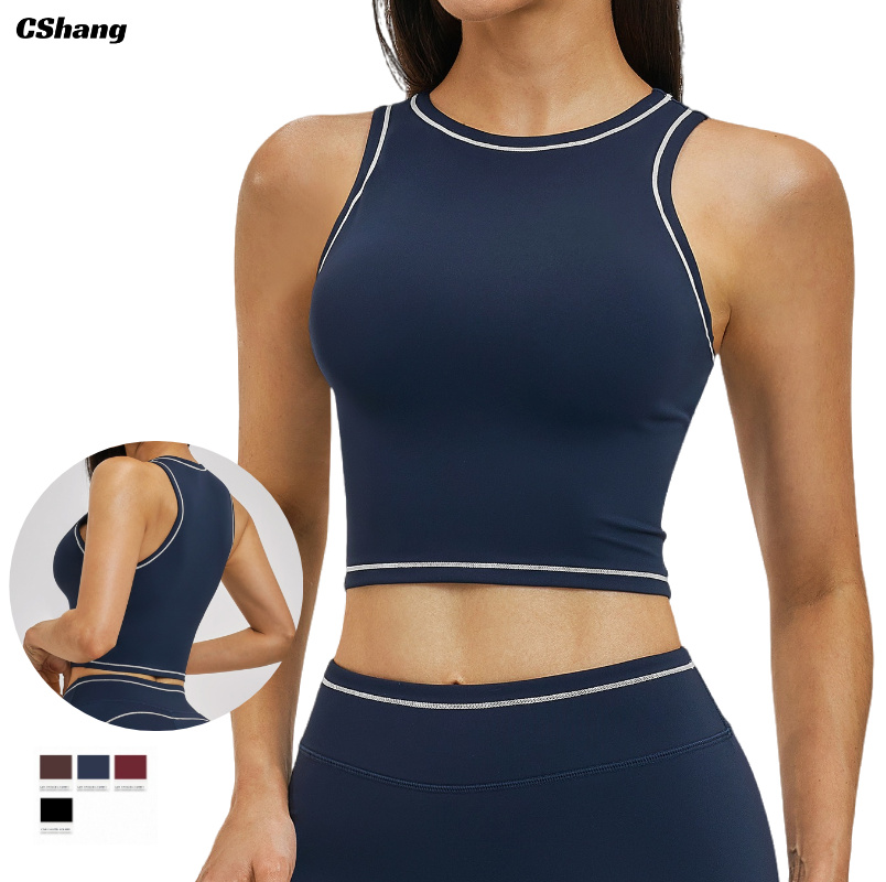 Custom Logo Activewear Sleeveless Padded Top for Women Sports High Elasticity Fitness Vest Round Neck Yoga Tank Top