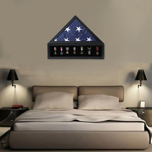 Vitrine de drapeau funéraire pour drapeau funéraire vétéran et médailles boîte d'ombre en bois massif avec porte-certificat en verre véritable noir - Product Image 6
