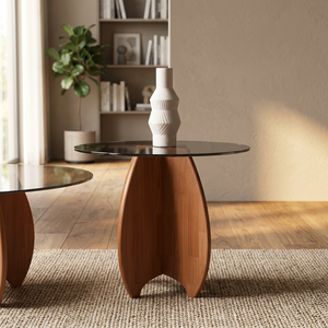 Table basse moderne en verre trempé rond avec base en bois, design minimaliste, meubles de salon - Product Image 2