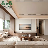 Lemari TV Japandi Modern dengan Enam Laci, Alas Plinth, Panel Grid, Pilar Kayu, dan Pedestal Pajangan