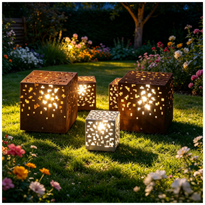 Lampadaire de jardin en métal d'extérieur, boîte à lumière en acier corten, lampes rectangulaires pour aménagement paysager - Product Image 1