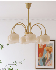 Suspension LED en cuivre massif, blanc chaud, hauteur réglable, intensité variable, style rétro français crème pour salon, chambre à coucher, salle à manger - Product Image 5