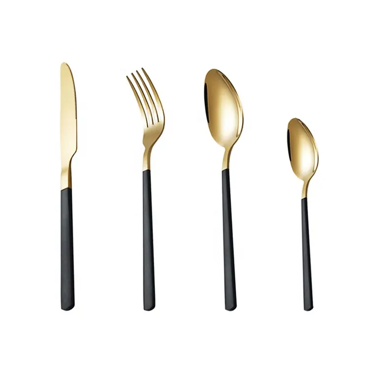 Hot sell style black gold color handle flatware set high quality children cutlery stainless steel cutlery set