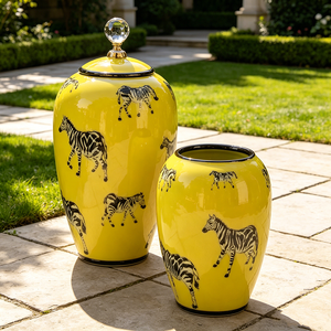 Set di <span class=keywords><strong>Vasi</strong></span> e Barattoli in Ceramica Gialla con Motivo Zebrato e Coperchio in Cristallo - Product Image 2