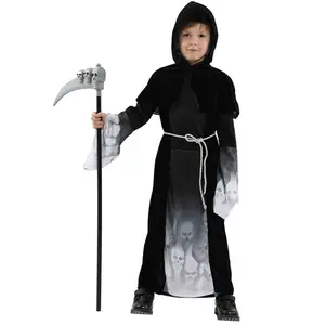 Costume Cosplay Effrayant pour Garçons <span class=keywords><strong>Halloween</strong></span> Costumes de Squelette à Capuche Robe de Soirée avec Ceinture - Product Image 1