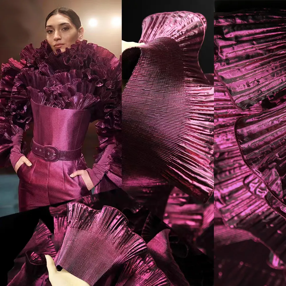 Brillo metálico ondulado encaje grande plisado volante Organza diseñador transparente DIY costura vestido de novia tela Material Accesorios
