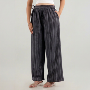 Pantalon Palazzo Premium en Coton Khadi Teint Fil à Fil pour Femme, Rayures Noires et Blanches, Coupe Ample, Taille Élastique, Décontracté, Été - Product Image 1