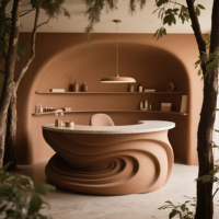 Comptoir de réception circulaire moderne extensible imprimé en 3D sur mesure, beige, avec surface effet pierre premium en PETG pour centre commercial