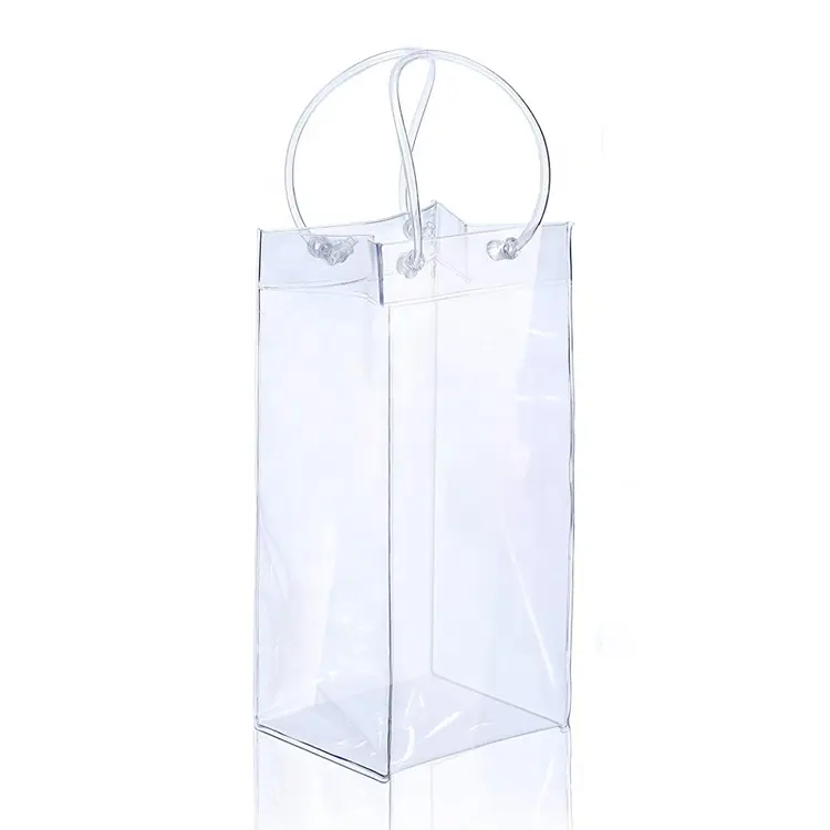 Promotional Collapsible transparent Clear Ice PVC Wine cooler bottle Bag Pouch with handle for Champagne Cold Beer