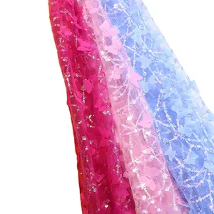 Buena calidad color rosa mariposa flor bordado tessuto floreale da ricamo tela de encaje de lentejuelas