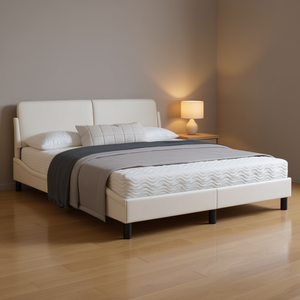 Cadre de lit capitonné Queen Size en similicuir blanc, bois de pin massif, design de lit moderne et confortable - Product Image 2