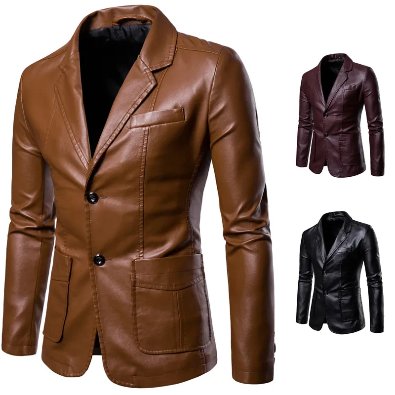 Người đàn ông 'nút xuống lót kinh doanh Faux Leather Áo khoác blazer với túi