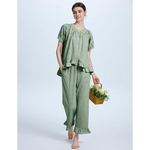Womens Plaid 2 Piece Pajamas Set Gingham Button <b>Down</b> Short Sleeve Ruffle <b>Pants</b> Lounge Wear Sleepwear - Product Image 2