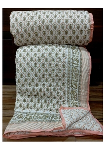 Hand Block Printed Cotton <b>Quilt</b> Double <b>Bed</b> Traditional Floral Design Handmade All Season Home Use - Product Image 1
